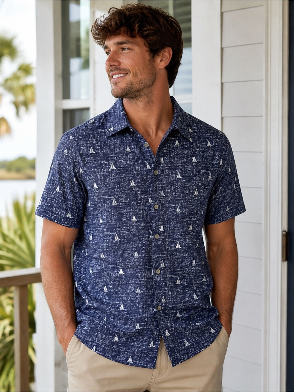 Trunks Surf & Swim Co. Navy Sailboat Print 100% Cotton Button-Up Shirt Men’s